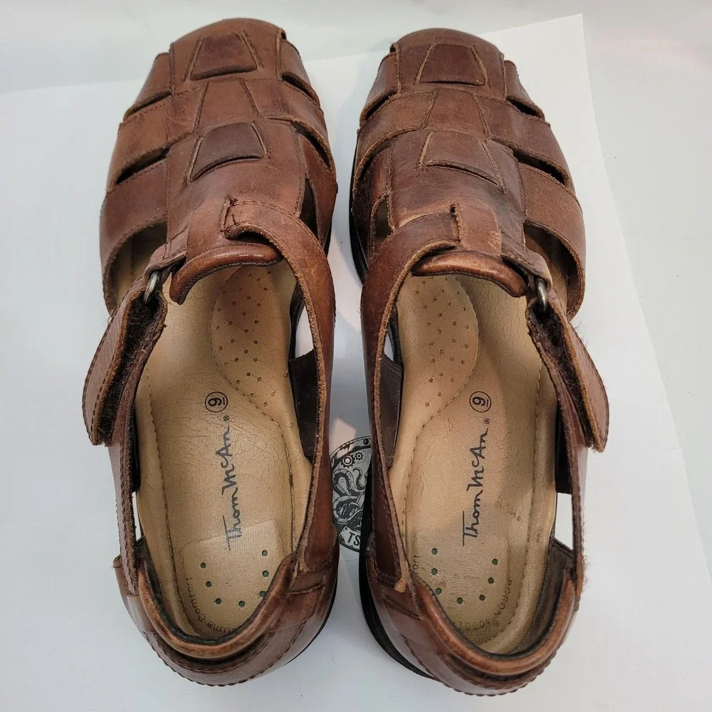 Thom McAn Fisherman Sandals Mens Brown Leather Woven Hook Loop Comfort 9